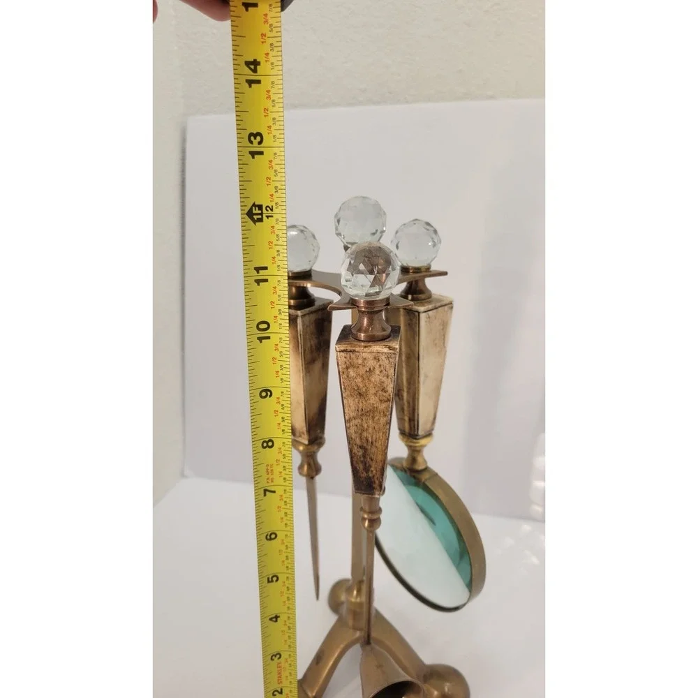 Vintage Brass Desk Set Bone Handles Crystal Knobs Magnifier Opener Snuffer